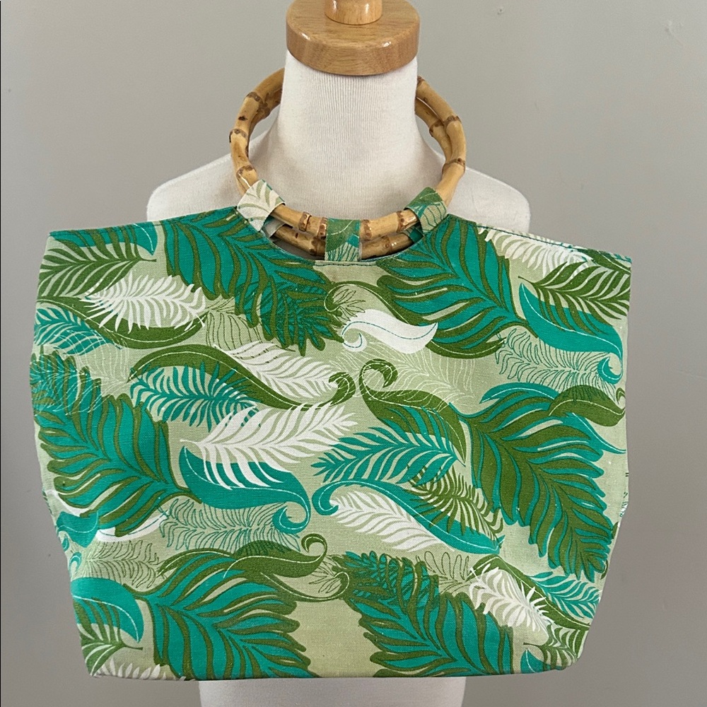 Turquoise/Green Tropical Leaf Print Tote with Bamboo Handles